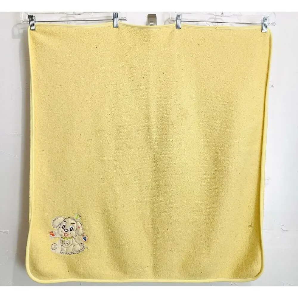 Vintage Yellow Baby Blanket Dog Sherpa Lovey Bones Tan Blonde Green Collar Tongu